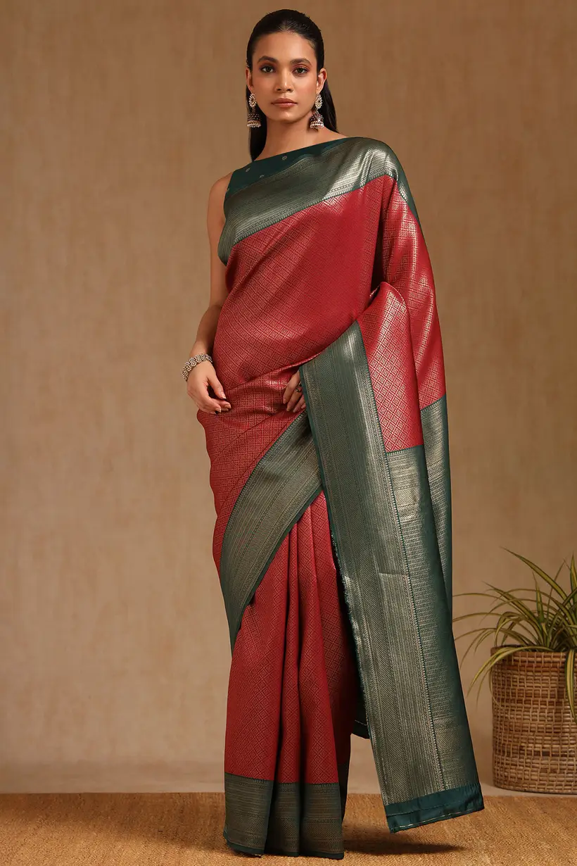 Maroon Silk Blend Zari Woven Saree With Zari Woven